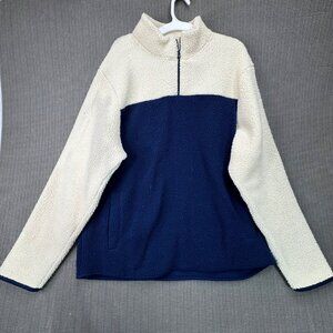 Old Navy Mens XXL Colorblock Quarter-Zip Sherpa Pullover White & Navy Blue